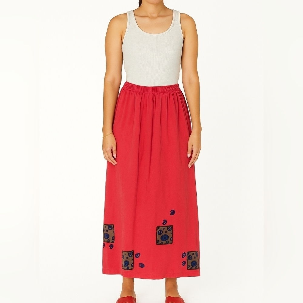 Blue Fish VTG Maxi Hand Painted Organic Cotton Skirt In Red Langenlook Size 1